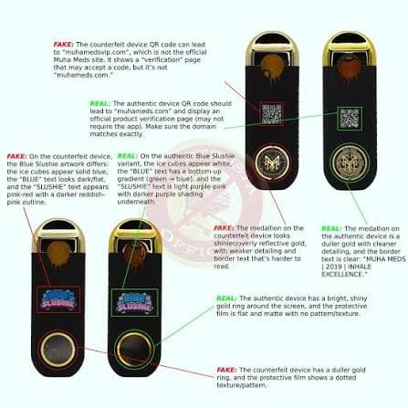 Side-by-side comparison of authentic versus counterfeit Muha Meds devices, with callouts highlighting QR code, Blue Slushie flavor labeling, gold medallion detailing, and protective film differences