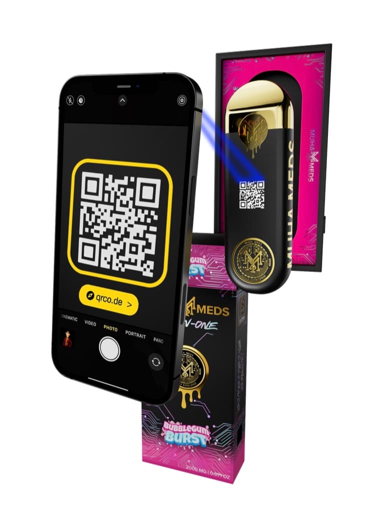 Smartphone camera scanning a QR code on Muha Meds packaging next to a Bubblegum Burst all-in-one device and retail box