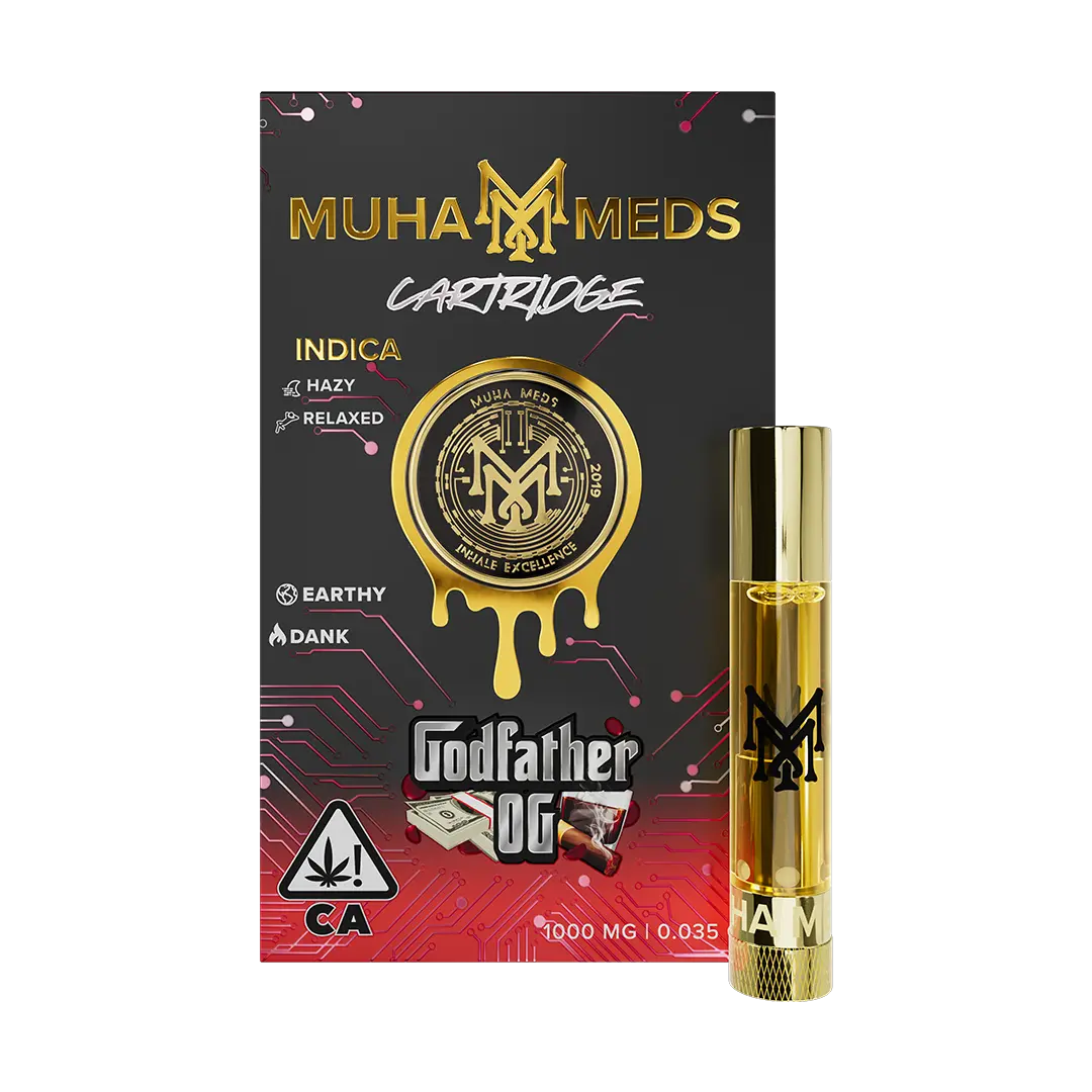 Muha Meds God Father OG cartridge featuring premium cannabis extract