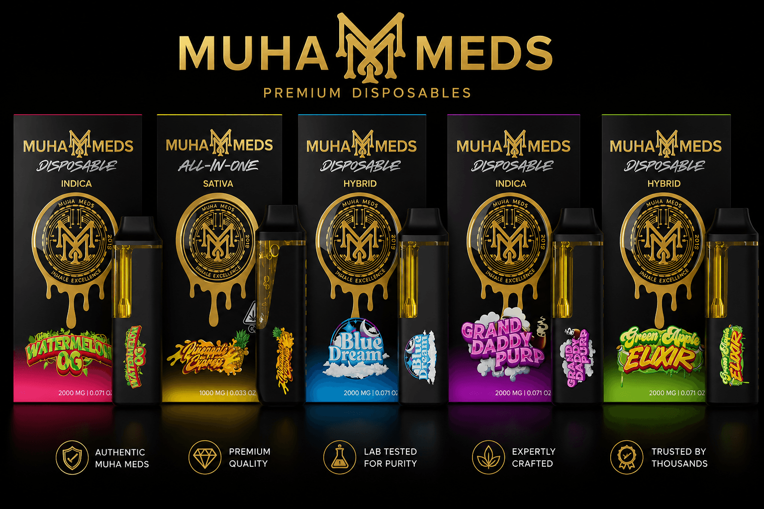 Muha Meds 2G flavor and strain variety display