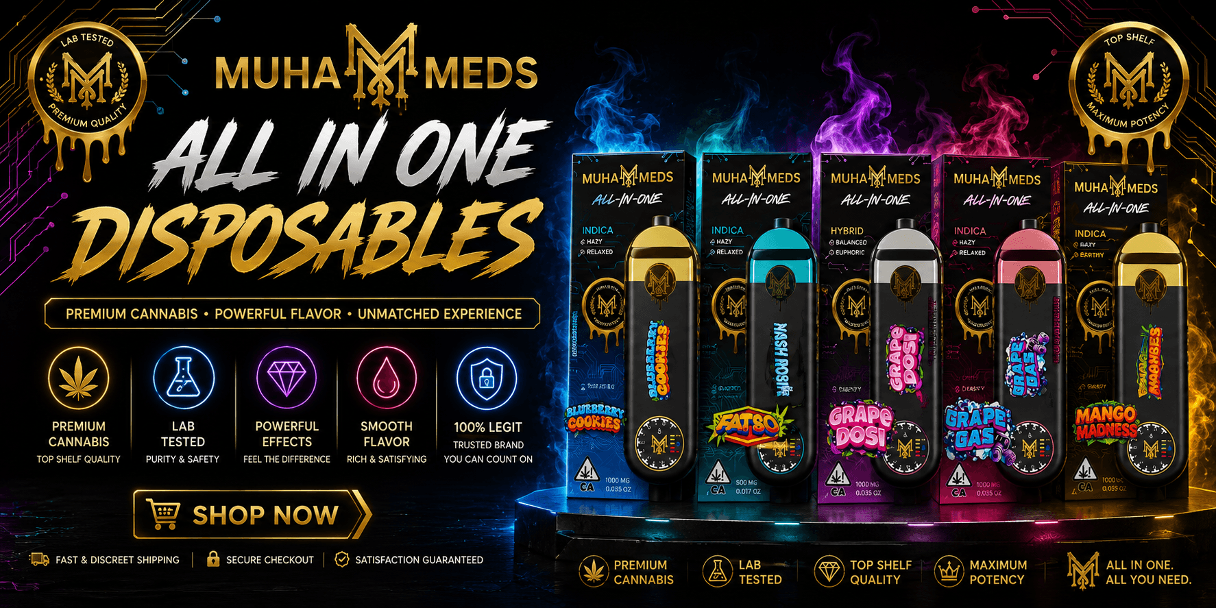 Muha Meds All In One disposables featuring live resin, hash rosin, and melted diamonds
